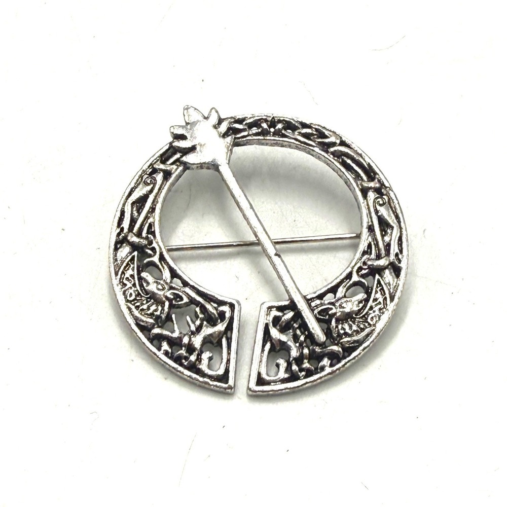 Vintage Celtic Penannular Brooch Silver Tone Knotwork Circular Pin Accessory